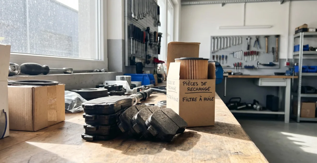Pièces de rechange automobile neuves disposées sur un établi de garage, plaquettes de frein et filtre à huile visibles